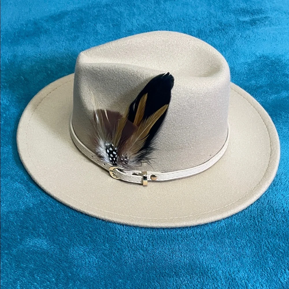 Tan Women's Felt Fedora Western Cowboy Hat White Belt Double Brown Feathers